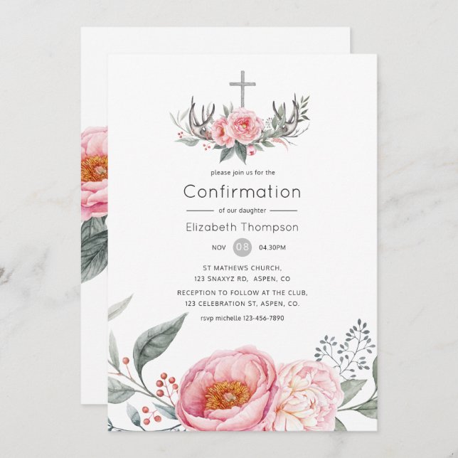 Pastel Pink and Grey Boho Floral Confirmation Invitation (Front/Back)