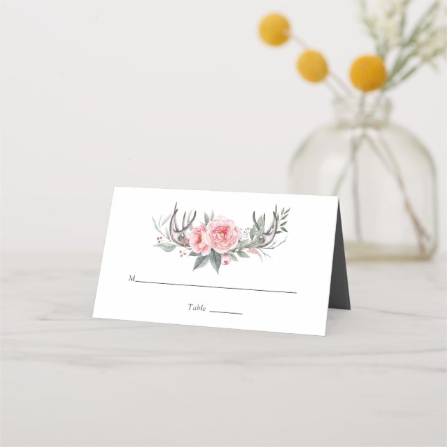 Pastel Pink and Grey Boho Floral Place Card (Front)