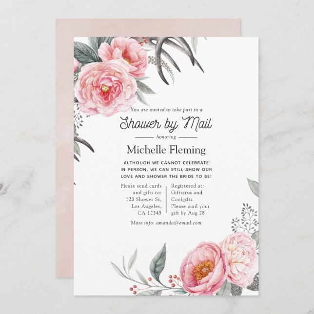 Pastel Pink and Grey Boho Floral Shower by Mail Invitation (Front/Back)