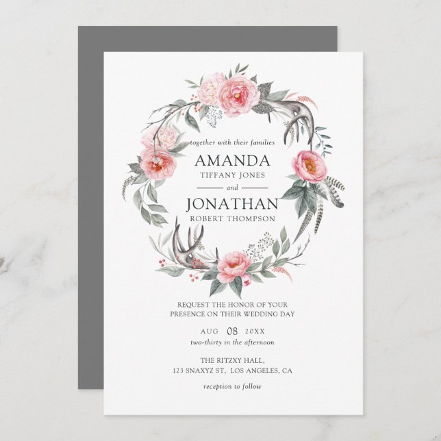 Pastel Pink and Grey Boho Floral Wedding Invitation (Front/Back)