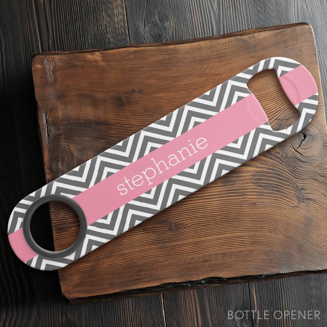 Pastel Pink and Grey Chevrons Custom Name (Custom Bar Key)