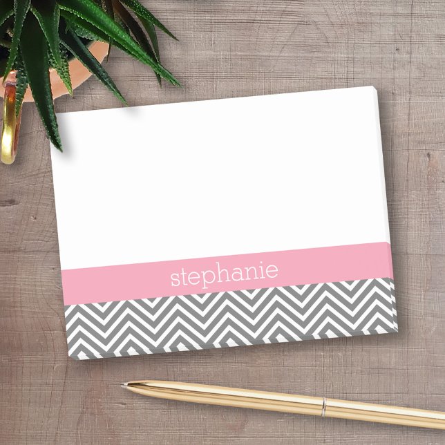 Pastel Pink and Grey Chevrons Custom Name Post-it Notes (Personalized Post-It Notes - add name or other text)