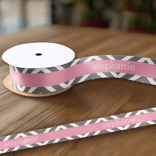 Pastel Pink and Grey Chevrons Custom Name Satin Ribbon