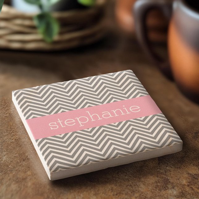 Pastel Pink and Grey Chevrons Custom Name Stone Coaster (Custom Stone Coaster)