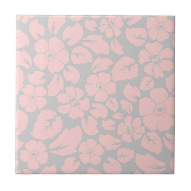 Pastel Pink and Grey Flower Pattern Ceramic Tile (Front)