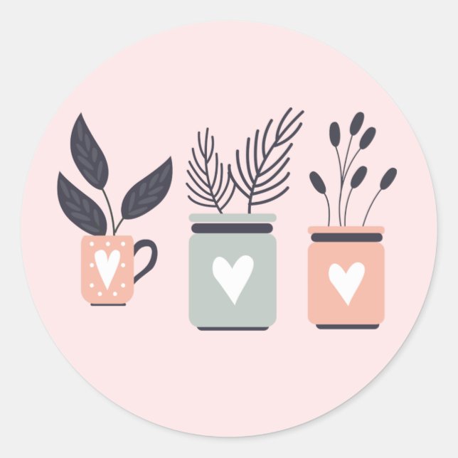 Pastel pink and grey modern pot plants classic round sticker (Front)