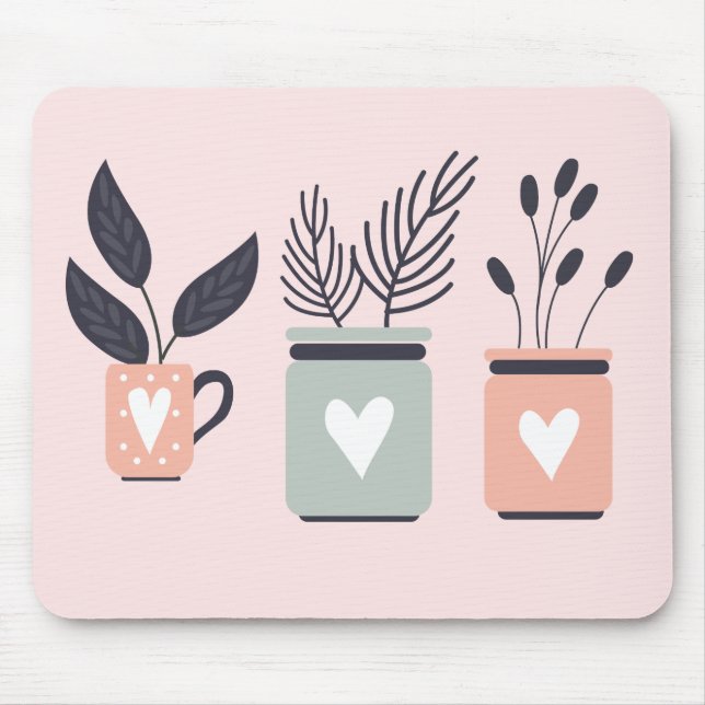 Pastel pink and grey modern pot plants mouse pad (Front)