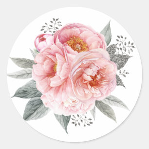 Pastel Pink and Grey Peony Flowers Classic Round Sticker