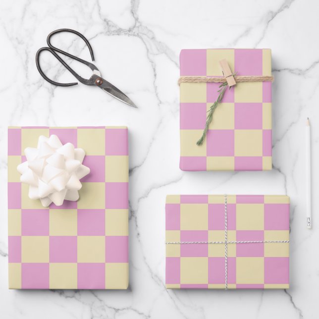Pastel Pink and Light Yellow Chequerboard Wrapping Paper Sheet (Front)