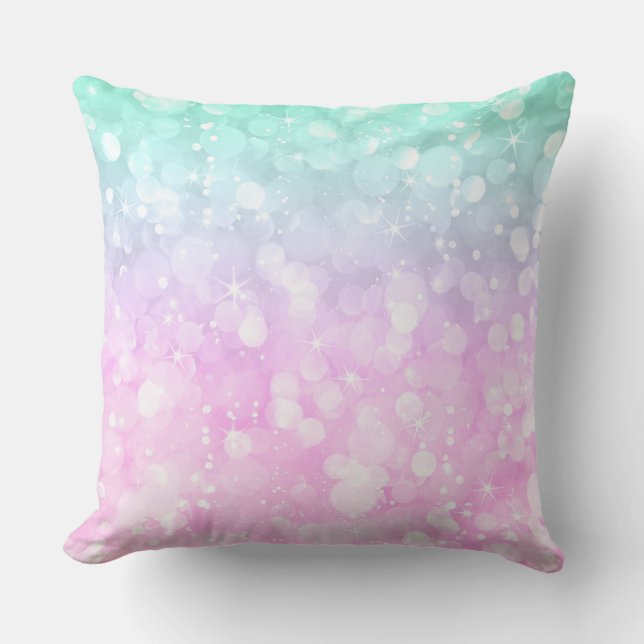 Pastel pink and mint-green glam bokeh glitter cushion (Front)