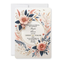 Pastel Pink and Navy Floral Wedding Invitation