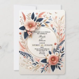 Pastel Pink and Navy Floral Wedding Invitation