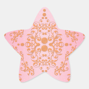 Pastel Pink and Peachy Orange Floral Damask Star Sticker