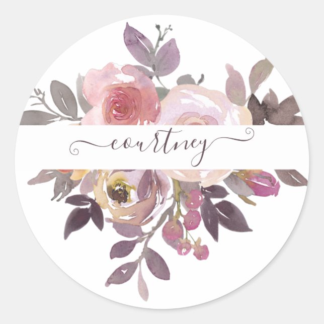 Pastel pink and purple floral personalised   classic round sticker (Front)