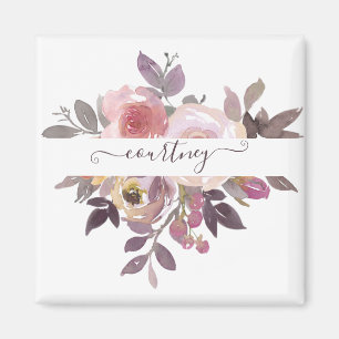 Pastel pink and purple floral personalised magnet