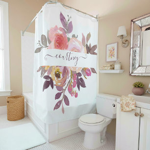 Pastel pink and purple floral personalised shower curtain