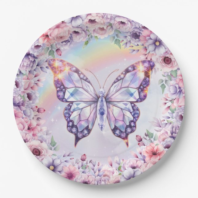 Pastel pink and purple magical crystal butterfly paper plate (Front)