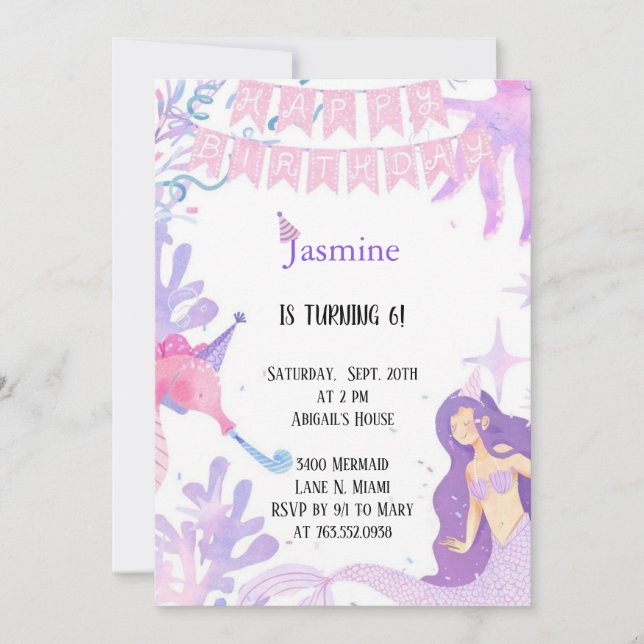 pastel pink and purple pastel mermaid birthday  invitation (Front)