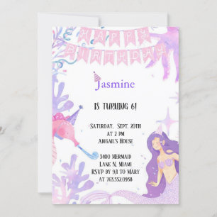 pastel pink and purple pastel mermaid birthday  invitation