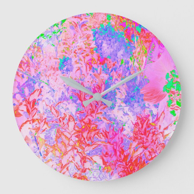Pastel Pink and Red with Blue Hydrangea Landscape Large Clock (Front)