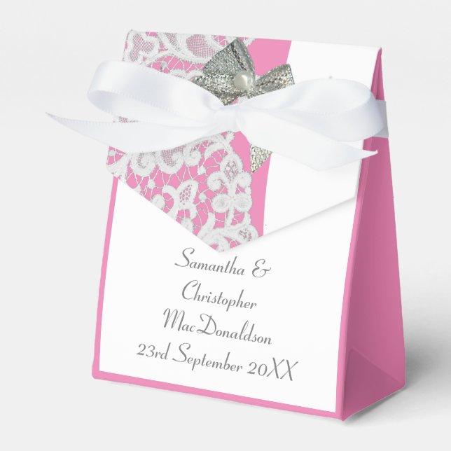 Pastel pink and white damask lace wedding favour box (Front Side)