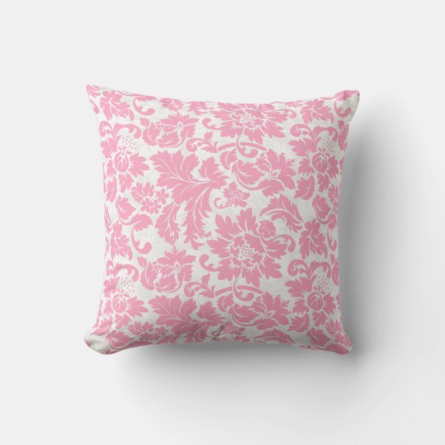 Pastel Pink And White Floral Damasks Cushion (Front)