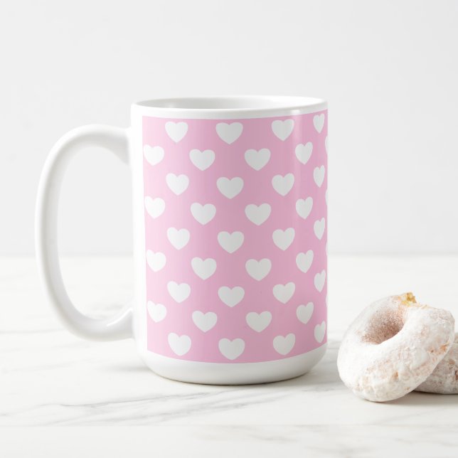 Pastel Pink And White Hearts Coffee Mug (With Donut)