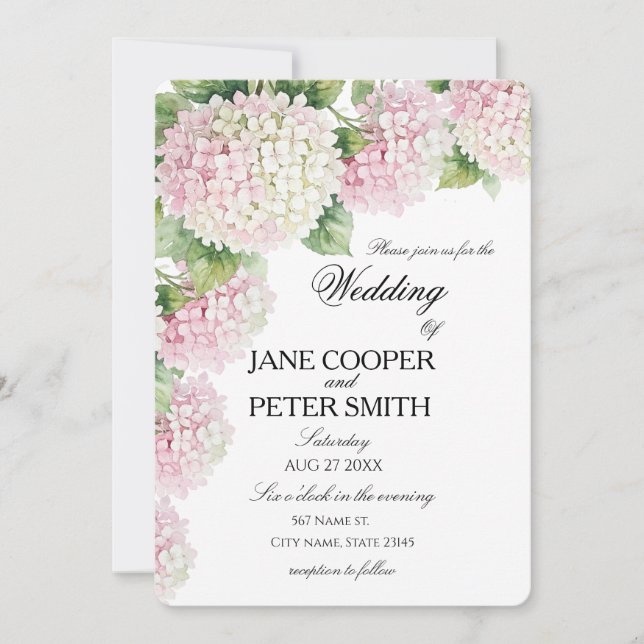 Pastel pink and white hydrangeas Budget Wedding  Invitation (Front)