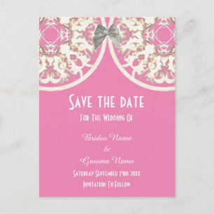 Pastel pink and white lace filigree  save the date announcement postcard