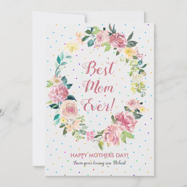 Pastel pink and white roses wreath holiday card (Front)