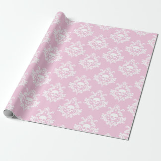 Pastel pink and white skull damask wrapping paper 