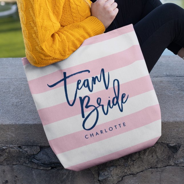 Pastel Pink and White Stripes Blue Team Bride Tote Bag (Creator Uploaded)