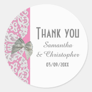 Pastel pink and white traditional lace thank you classic round sticker