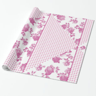 Pastel Pink and White Vintage Rose and Polka Dots Wrapping Paper