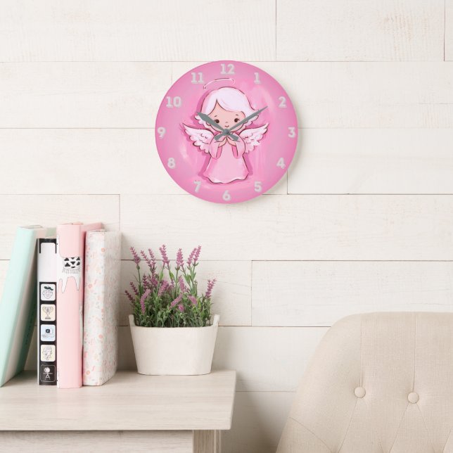 Pastel Pink Angel, Hot Pink And Grey Large Clock (Reading Room)