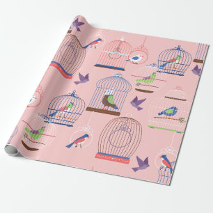 pastel pink aviary birdcage birds wrapping paper