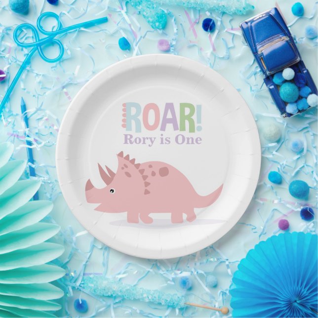 Pastel Pink Baby Dinosaurs Roar Birthday Party Paper Plate (Party)