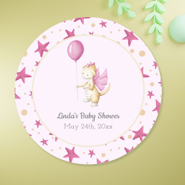 Pastel Pink Baby Dragon Girl Baby Shower Classic Round Sticker (Creator Uploaded)