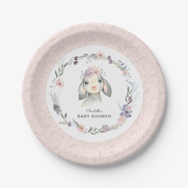 Pastel Pink Baby Lamb Girl Baby Shower Paper Plate (Front)