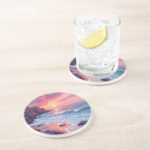 Pastel Pink Beach Sunset Ocean Waves Watercolor Coaster