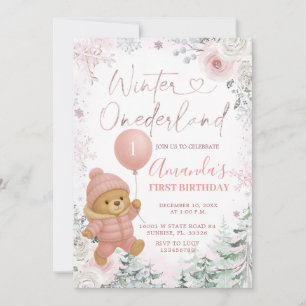 Pastel Pink Bear Balloon Winter Onederland Invitation