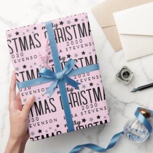 Pastel Pink black Christmas Stars Pattern Wrapping Paper