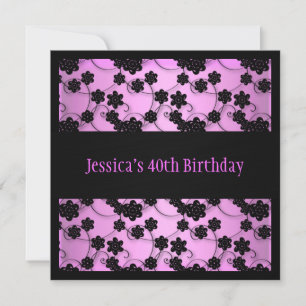 Pastel Pink & Black Flowers 40th Birthday Invitation