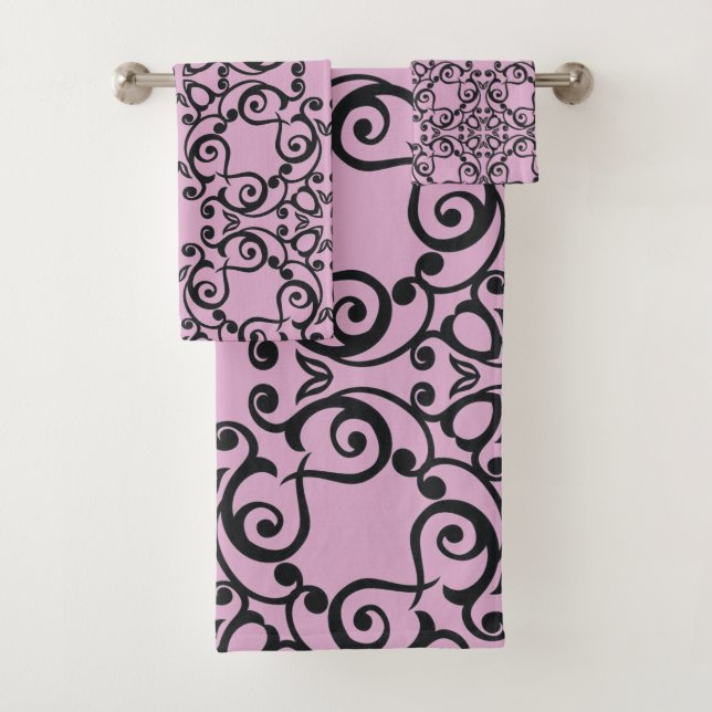 PASTEL PINK BLACK HAMPTONS BATHROOM TOWEL SET (Insitu)