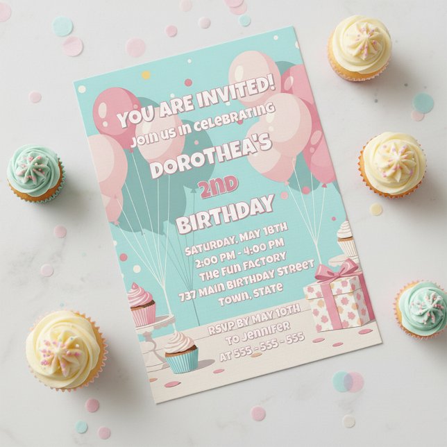 Pastel Pink Blue Balloon Girl's 2nd Birthday Party Invitation (Creator Uploaded)