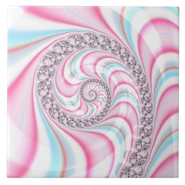 Pastel Pink Blue Candy Cane Spiral Fractal Ceramic Tile (Front)