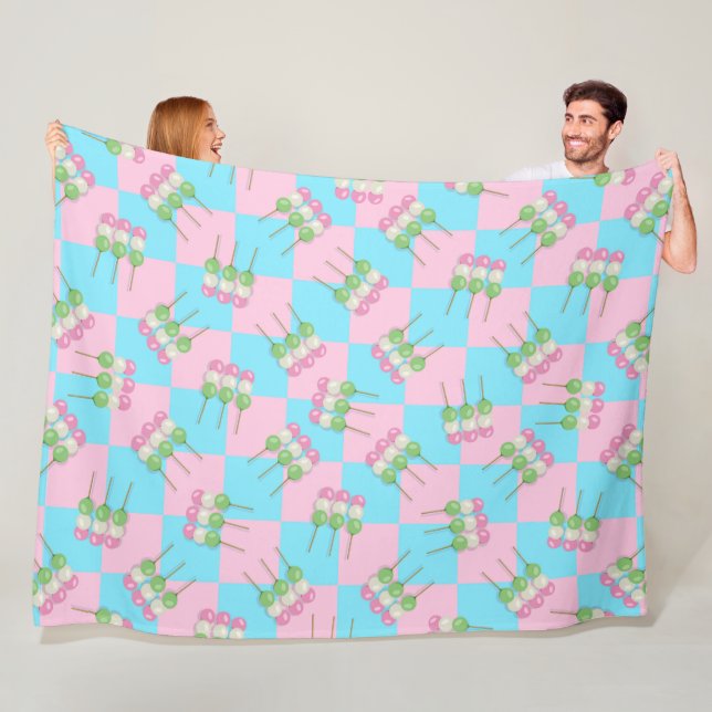 Pastel Pink Blue Chequered Dango Fleece Blanket (In Situ)