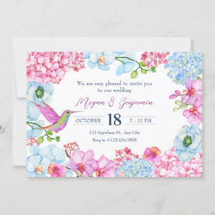 Pastel pink blue floral branch with bird wedding  invitation