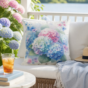 Pastel Pink Blue Floral Hydrangea Flower Booms Cushion