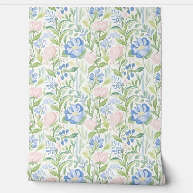 Pastel Pink Blue Floral Pattern  Wallpaper (Unrolling)
